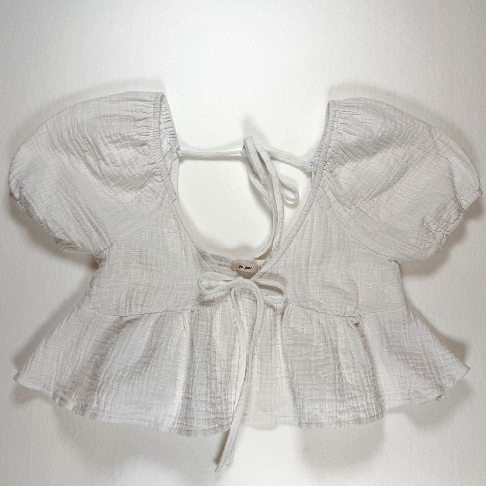 Mi Ami Y2K White Cotton Gauze Puff Sleeve Tie Front Crop Top XS TFD22008‎
